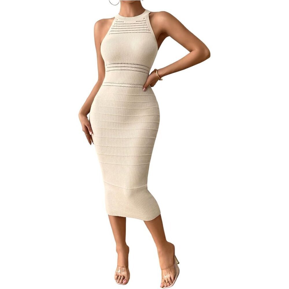 Women's Knit Halter Dress Sleeveless Midi Casual Wedding Guest